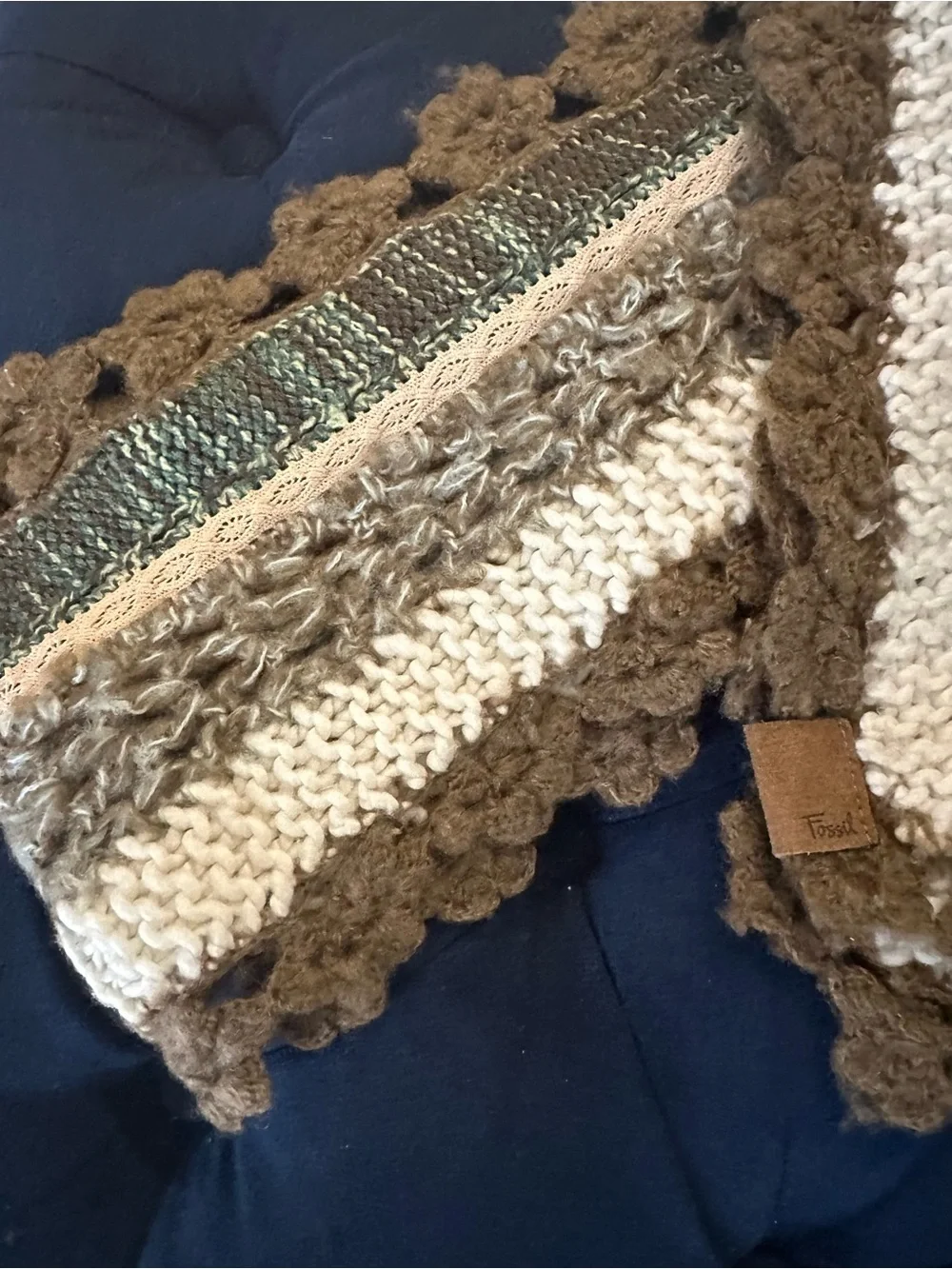 Fossil Vintage Scarf Textured Knit Scarf in Cream, Brown & Teal